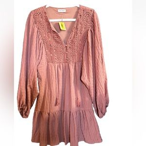 Vestique Boutique Crochet Lace Tiered Mini Dress Pink Rose Color New Size L (PJ)